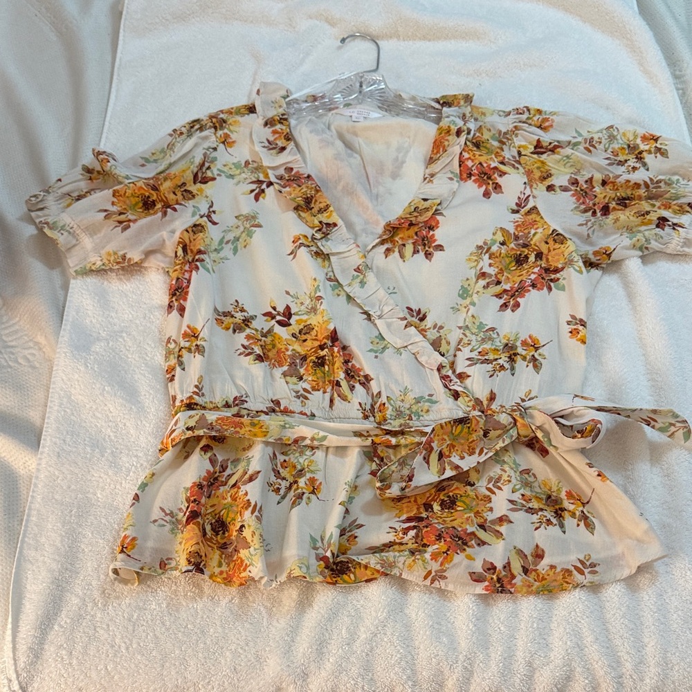 LC Lauren Conrad Floral Ruffle Blouse - Cream and Orange